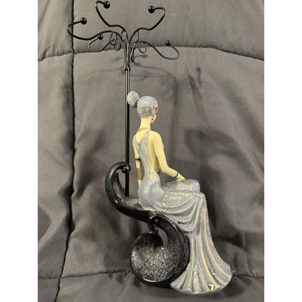 Art Deco Seated Lady Figurine Gray Dress on Black Metal Jewelry Stand Holder